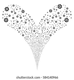 Gear fireworks stream. Vector illustration style is flat black iconic symbols on a white background. Object double fountain combined from random pictographs.