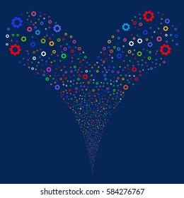Gear fireworks stream. Vector illustration style is flat bright multicolored iconic symbols on a blue background. Object double fountain constructed from random pictographs.