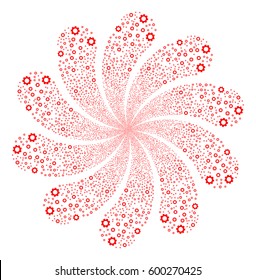 Gear fireworks swirl flower with ten petals. Vector illustration style is flat red scattered symbols. Object whirl made from random design elements.