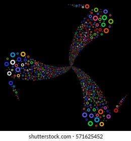 Gear fireworks swirl rotation. Vector illustration style is flat bright multicolored iconic symbols on a black background. Object twirl organized from random pictograms.