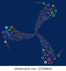 Gear fireworks swirl rotation. Vector illustration style is flat bright multicolored iconic symbols on a blue background. Object whirl organized from random pictographs.