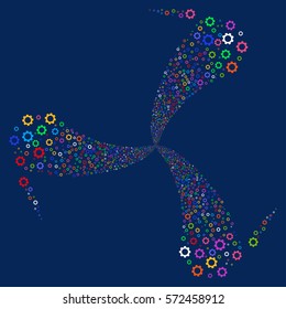 Gear fireworks swirl rotation. Vector illustration style is flat bright multicolored iconic symbols on a blue background. Object twirl combined from random pictographs.