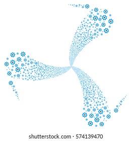 Gear fireworks swirl rotation. Vector illustration style is flat blue and gray iconic symbols on a white background. Object twirl done from random symbols.
