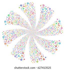 Gear fireworks swirl rotation. Vector illustration style is flat bright multicolored iconic symbols on a white background. Object spiral constructed from random pictographs.