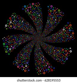 Gear fireworks swirl rotation. Vector illustration style is flat bright multicolored iconic symbols on a black background. Object flower made from random symbols.