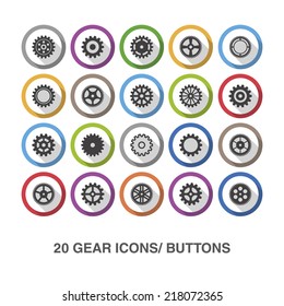 Gear flat icons/ buttons with shadow.