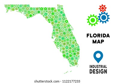 Gear Florida map composition of small wheels. Abstract territorial plan in green shades. Vector Florida map is composed of engine objects. Concept of technical job.