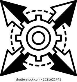 Un engranaje con cuatro flechas apuntando en diferentes direcciones. El equipo es blanco y negro. Las flechas son blancas y negras. El engranaje es un símbolo de progreso y movimiento