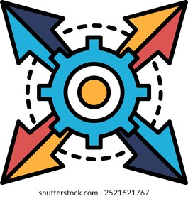 Un engranaje con cuatro flechas apuntando en diferentes direcciones. El engranaje es azul y naranja. Las flechas son rojas, amarillas y azules. El engranaje es un símbolo de progreso y movimiento