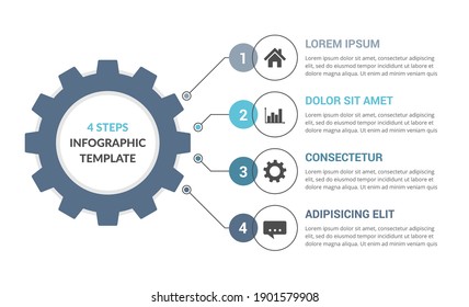 Engranaje con cuatro elementos con números, iconos y texto, plantilla infográfica para web, negocios, presentaciones, vector eps10 ilustración