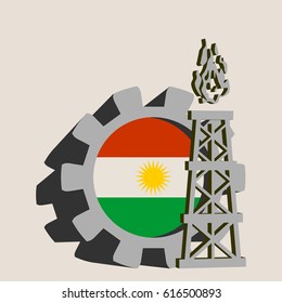 Gear with gas rig simple icon, textured by Kurdistan flag. Heavy and mining industry concept. 3D vector icons