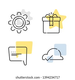Gear, gift, speech bubble and cloud. Set of elements, modern abstract outline icons, vector file.