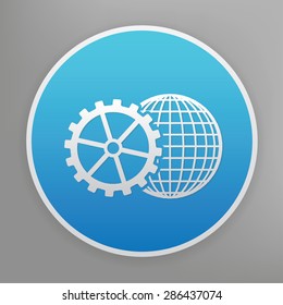 Gear and global design icon on blue button,clean vector