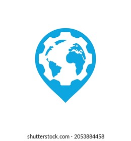 Gear global with pin pointer shape vector logo design. Gear planet icon logo design element.	