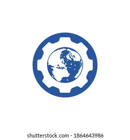 Diseño del logotipo del vector global de engranajes. Elemento de diseño del logotipo del icono del planeta de los engranajes.	
