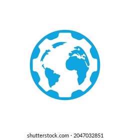 Diseño del logotipo del vector global de engranajes. Elemento de diseño del logotipo del icono del planeta de los engranajes.