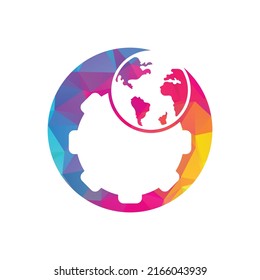 Diseño del logotipo del vector global de engranajes. Elemento de diseño del logotipo del icono del planeta de los engranajes.