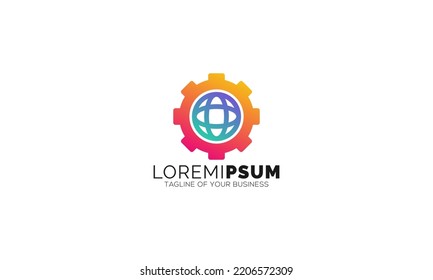 Diseño del logotipo del vector global de engranajes. Elemento de diseño del logotipo del icono del planeta de los engranajes.