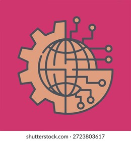 A gear with a globe and circuit board pattern on a pink background