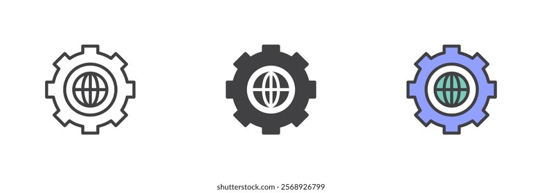 Gear with globe icon. Global setting line and glyph version, outline and filled vector sign. linear and full pictogram. Symbol, logo illustration. Different style icons set