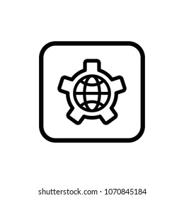 Gear with globe vector line icon. Website development pictogram. Seo outline illustration.