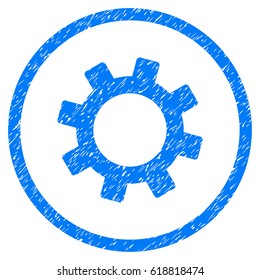 Gear grainy textured icon inside circle for overlay watermark stamps. Flat symbol with unclean texture. Circled vector blue rubber seal stamp with grunge design.