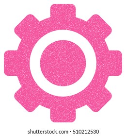 Gear grainy textured icon for overlay watermark stamps. Flat symbol with dust texture. Dotted vector pink ink rubber seal stamp with grunge design on a white background.