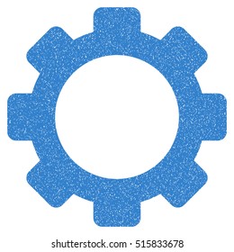 Gear grainy textured icon for overlay watermark stamps. Flat symbol with dirty texture. Dotted vector cobalt ink rubber seal stamp with grunge design on a white background.
