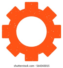 Gear grainy textured icon for overlay watermark stamps. Flat symbol with scratched texture. Dotted vector orange ink rubber seal stamp with grunge design on a white background.
