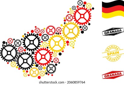 Gear Granada Province map mosaic and seals. Vector collage is designed of clock gear items in various sizes, and German flag official colors - red, yellow, black.