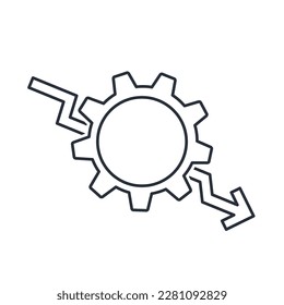 Gear and graph down.Recession. Economic downturn.Vector linear icon isolated on white background