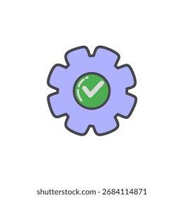 gear with a green check mark inside. Concept of settings, system configuration, approval, process management, and quality assurance.