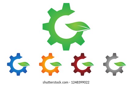 Gear and Green concept.Globe and Leaf sign. World Environment day concept vector logo design template.leaf and gear icon / environmental protection icon