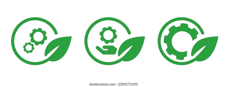 Gear green leaf leaves set icon symbol of mechanical engineering engine factory with eco friendly environmental industrial