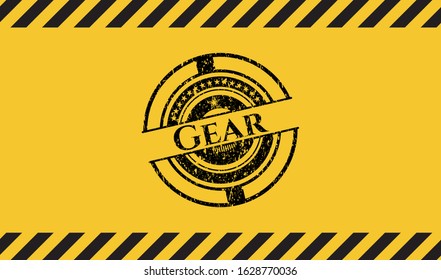 Gear grunge black emblem with yellow background, warning sign. Vector Illustration. Detailed.
