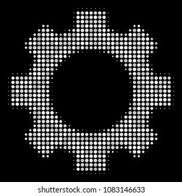 Gear halftone vector icon. Illustration style is dotted iconic gear symbol on a black background. Halftone matrix is made of spheric points.