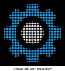 Gear halftone vector icon. Illustration style is dot iconic gear symbol on a black background. Halftone texture is made of circle spots.