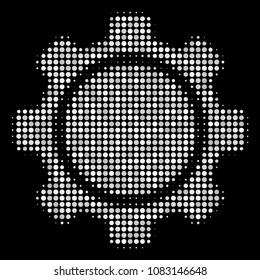 Gear halftone vector icon. Illustration style is pixel iconic gear symbol on a black background. Halftone matrix is constructed of circle blots.