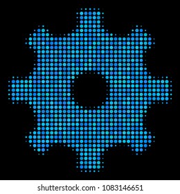 Gear halftone vector icon. Illustration style is dot iconic gear symbol on a black background. Halftone structure is build of spheric pixels.