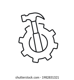 Icono lineal de martillo y engranaje. Herramientas de construcción. Ilustración personalizable de línea delgada. Símbolo de contorno. Dibujo de contorno aislado del vector. Trazo editable