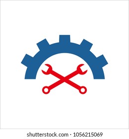 gear with hammer and spanner silhouette. Logo design. Support settings concept. Options. Mechanical shop. Single flat icon isolated on white background. vector illustration.
