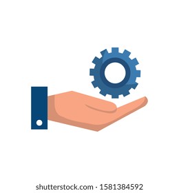 Gear and hand design, construction work repair machine part technology industry and technical theme Vector illustration