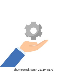 Gear in hand flat icon. Support concept vector illustration. 