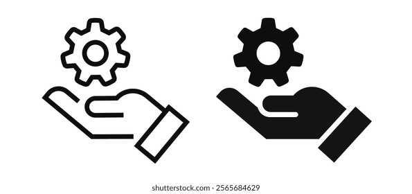 Gear in hand icon. Cogwheel symbol. Flat and line icons. Vector