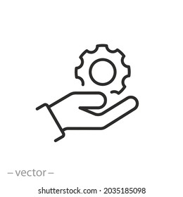 gear in hand icon, industry development system, setting or install  update, control service, thin line symbol on white background - editable stroke vector illustration