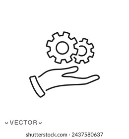 icono de engranaje en la mano, sistema de desarrollo de la industria, configuración o instalación de actualización, servicio de control, símbolo de línea delgada aislado sobre fondo blanco, trazo editable eps 10 ilustración vectorial