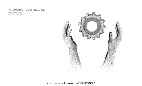 Gear and hands abstract illustration. Digital hands holding cogwheel modern concept. Engineering automation industry manufacturing teamwork. Low poly polygonal white background vector