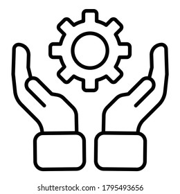 Zahnräder in den Händen, flaches Symbol einzeln auf weißem Hintergrund