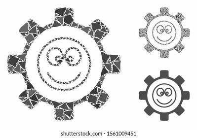 Gear happy smile mosaic of rugged elements in various sizes and shades, based on gear happy smile icon. Vector trembly elements are composed into mosaic.