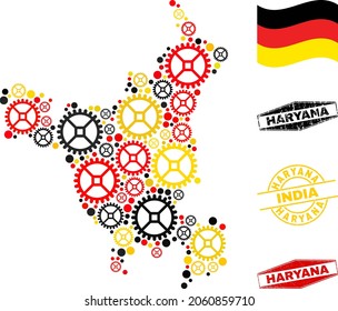 Gear Haryana State map composition and seals. Vector collage is formed from clock gear items in variable sizes, and Germany flag official colors - red, yellow, black.